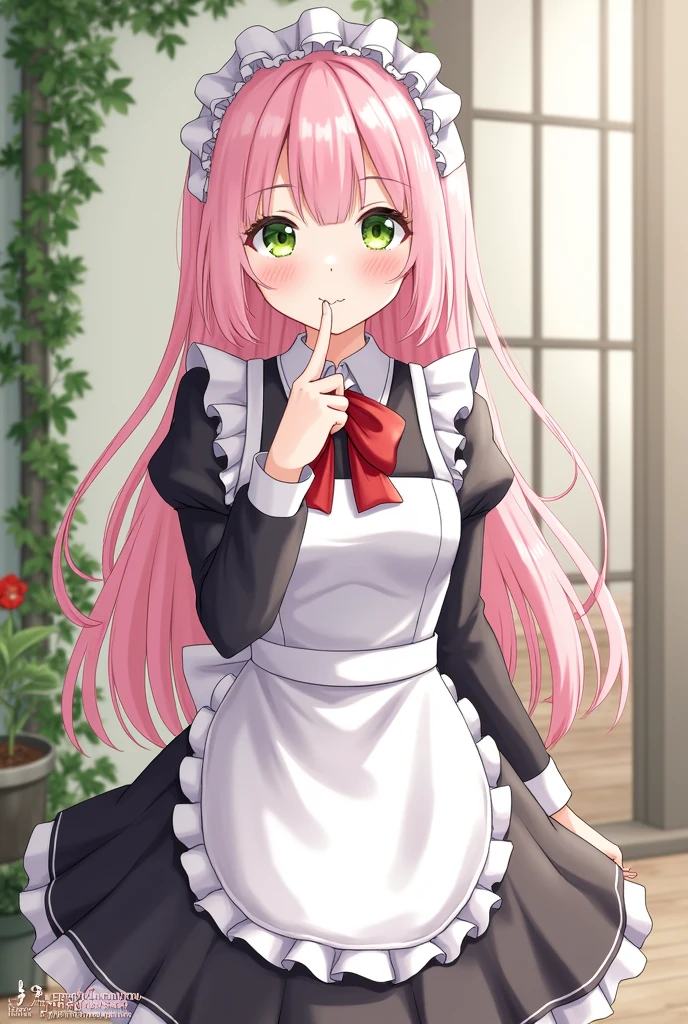insanely detailed, absurdres, ultra-highres, ultra-detailed, best quality,
1girl, solo, nice hands, perfect hands,
BREAK
apron, blush, bow, bowtie, frilled apron, frills, long sleeves, maid, maid apron, maid headdress, waist apron, white apron
BREAK
smile, closed mouth
BREAK
finger to mouth, index finger raised, shushing, cowboy shot, looking at viewer,
BREAK
slender, kawaii, perfect symmetrical face, ultra cute girl, ultra cute face, ultra detailed eyes, ultra detailed hair, ultra cute, ultra beautiful,
BREAK
day, flower, ivy, leaf, indoors, open door, plant, potted plant, vines, window,
BREAK
white (pink:1.2) hair, green eyes, long hair, medium breasts, bangs, eyebrows visible through hair,