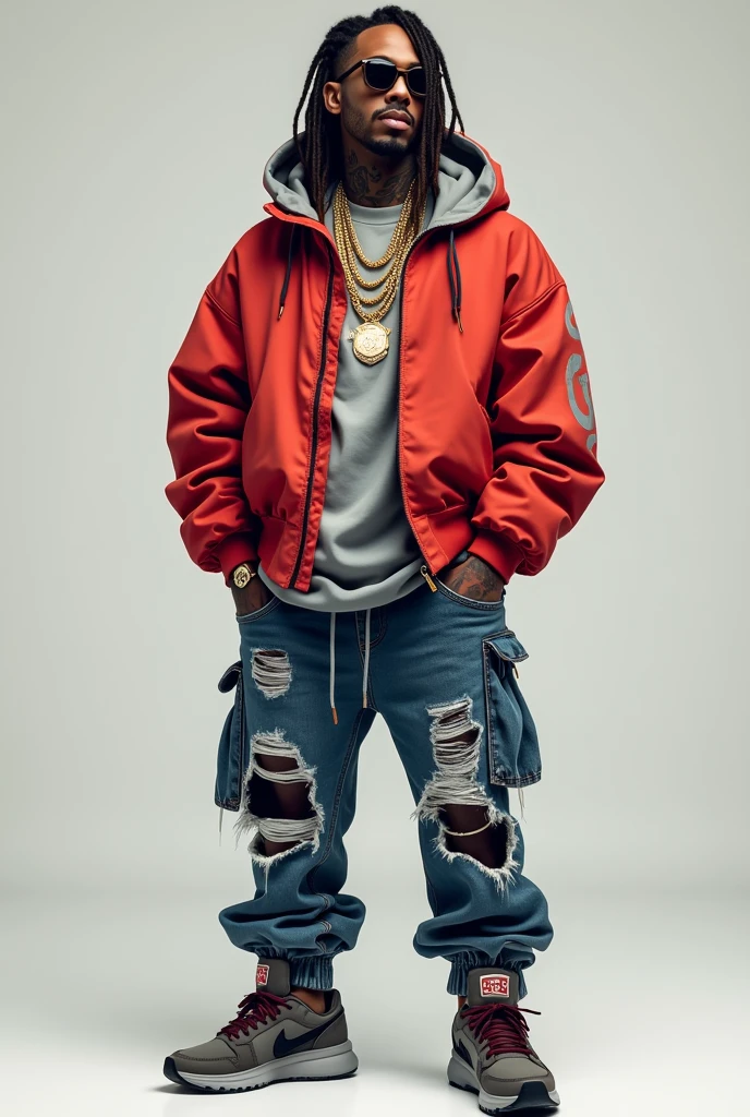 "Generates an image of a rapper with a modern and striking style. Dress the character in oversized clothing, like a uniquely designed sweatshirt and ripped jeans. Includes a bomber jacket or parka with stand-out details. Add accessories like gold chains, statement rings and designer sunglasses. Make sure the footwear is a luxury or limited edition pair of sneakers.. For the hairstyle, Choose long dreadlocks with decorative details and consider adding some visible tattoos on the neck or hands. The character's expression must be confident and charismatic., Capturing the essence of the lifestyle of a successful and fashionable rapper."