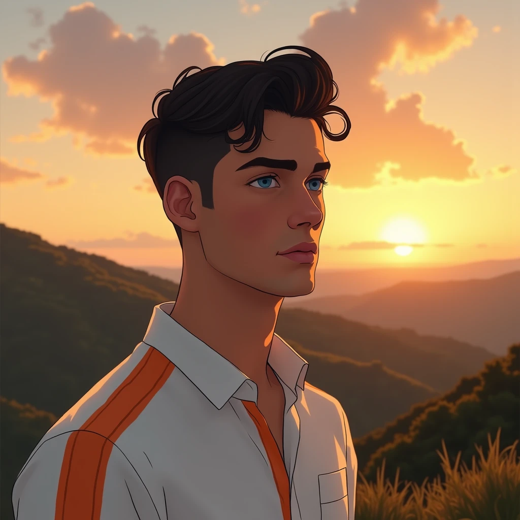 white male, 30years, dark hair, blue colored eyes, white shirt with an orange stripe, contemplating the sunset in the Alentejo
