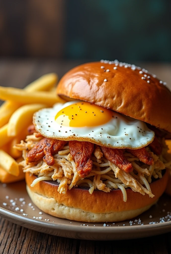Shredded chicken burger with fried egg and fries options