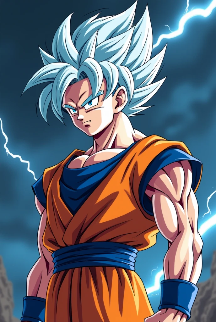 Goku with max white hair with thunder storm background 