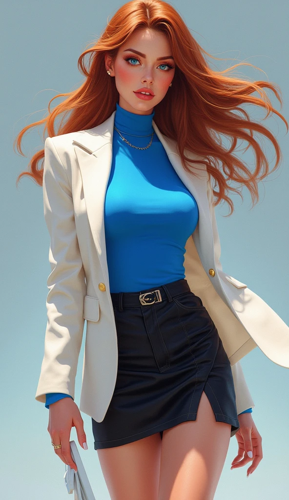 A woman with a brownish red hair wearing a blue top, white jacket, black skirt and white boots
