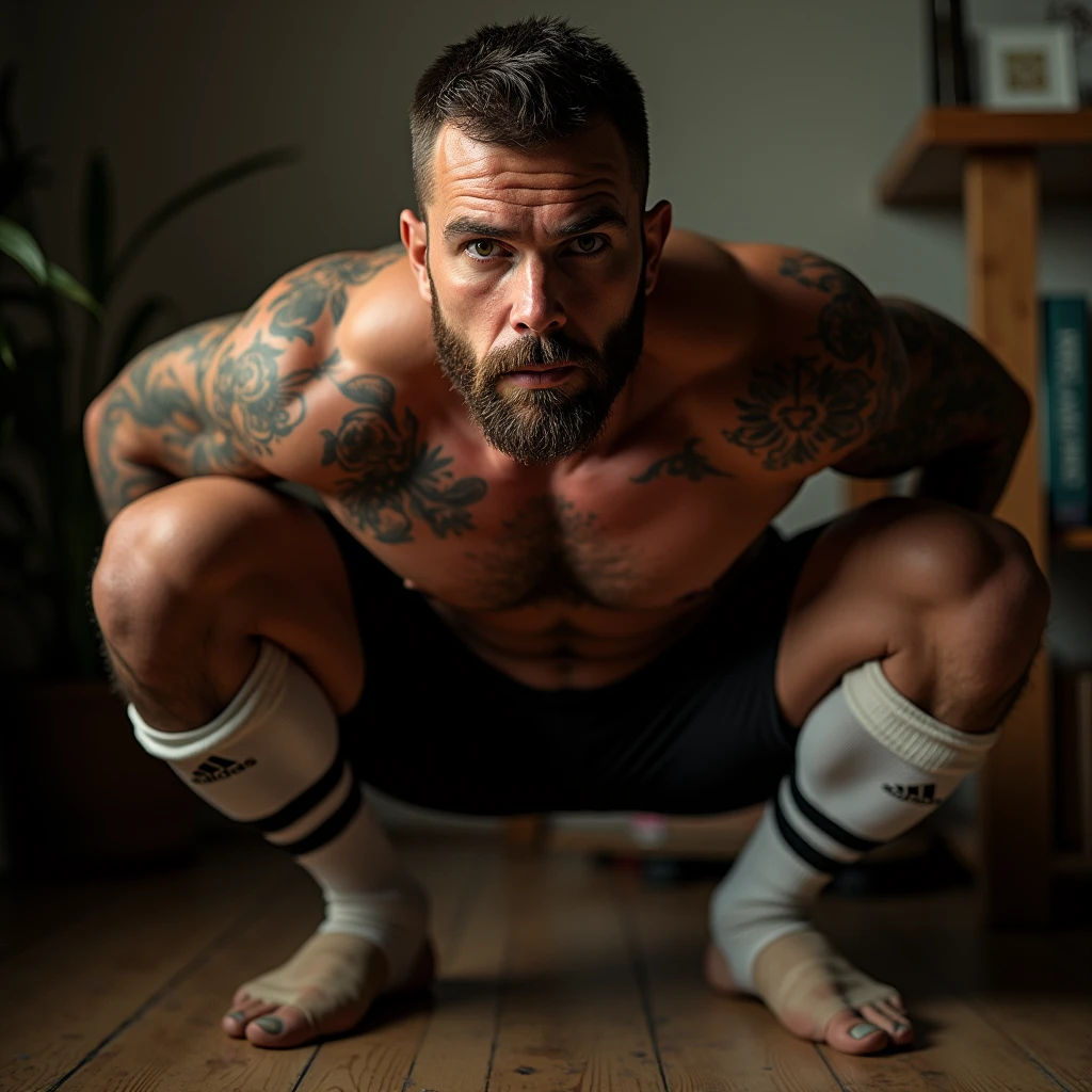 sexy dilf white coach daddy soccer player squatting over the viewer, white socks, adidas socks, dirty socks, beard, indoor lighting, hairy, proportionate body, sport calf high socks, man spread, male focus, squat, short hair, lean body, showing hairy gaping anus, beautiful detailed erect penis, brown hair, full body tattoos, toned body, his hands are behind his back, from below