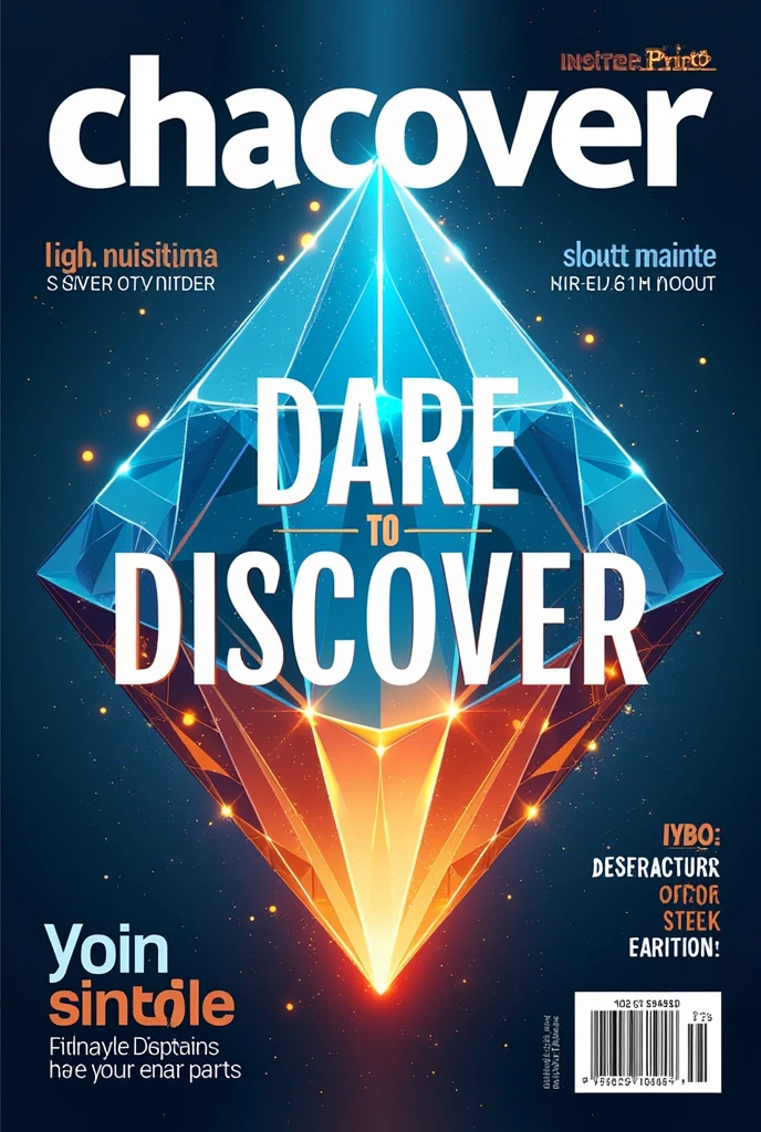 Create a front magazine page with heading Dare to discover with background of a diamond and achievements