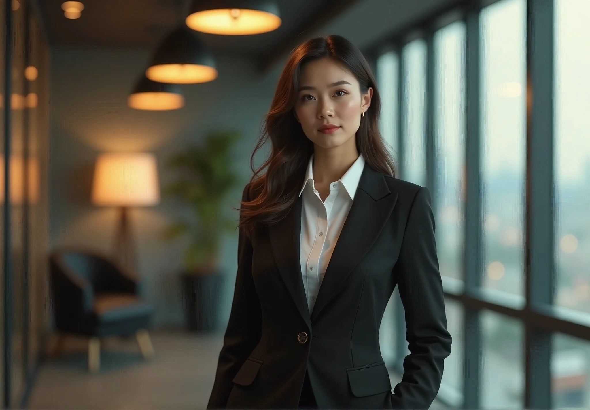 Elegant upper-class elite secretary in a business shirt, Working in the office、Wearing a serious suit, Wear stockings、Wear high-end heels、 Girl in shirt, Wearing a suit, Wearing a suit, Wearing a suit, Female Merchant, Business Clothing, Wearing a black suit, Wear a shirt and skirt, Wearing a suit的女人, business attire, Business Attire, RAW photos, (8K、Top quality、masterpiece:1.2)、(Intricate details:1.4)、(Photorealistic:1.4)、Octane Rendering、Complex 3D rendering with ultra-details, Studio Soft Light, Rim Light, Vivid details, Super Detail, Realistic skin texture, Detail face, eyes in beautiful detail, Highly detailed CG Unity 16k wallpaper, cosmetic, (Detailed background:1.2), Show your thighs!!!,