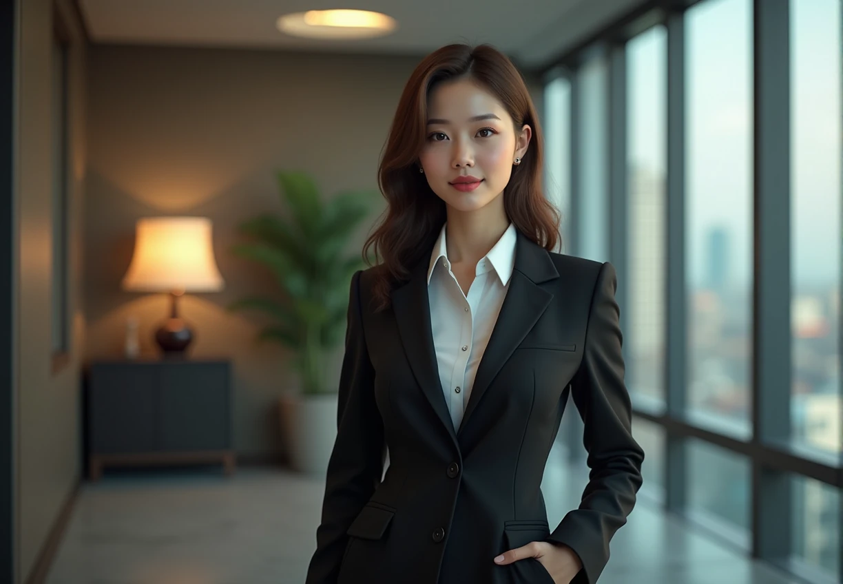 Elegant upper-class elite secretary in a business shirt, Working in the office、Wearing a serious suit, Wear stockings、Wear high-end heels、 Girl in shirt, Wearing a suit, Wearing a suit, Wearing a suit, Female Merchant, Business Clothing, Wearing a black suit, Wear a shirt and skirt, Woman Wearing a Suit, business attire, Business Attire, RAW photos, (8k、Top quality、masterpiece:1.2)、(Intricate details:1.4)、(Photorealistic:1.4)、Octane Rendering、Complex 3D rendering with ultra-details, Studio Soft Light, Rim Light, Vivid details, Super Detail, Realistic skin texture, Detail face, eyes in beautiful detail, Highly detailed CG Unity 16k wallpaper, cosmetic, (Detailed background:1.2), Show your thighs!!!,