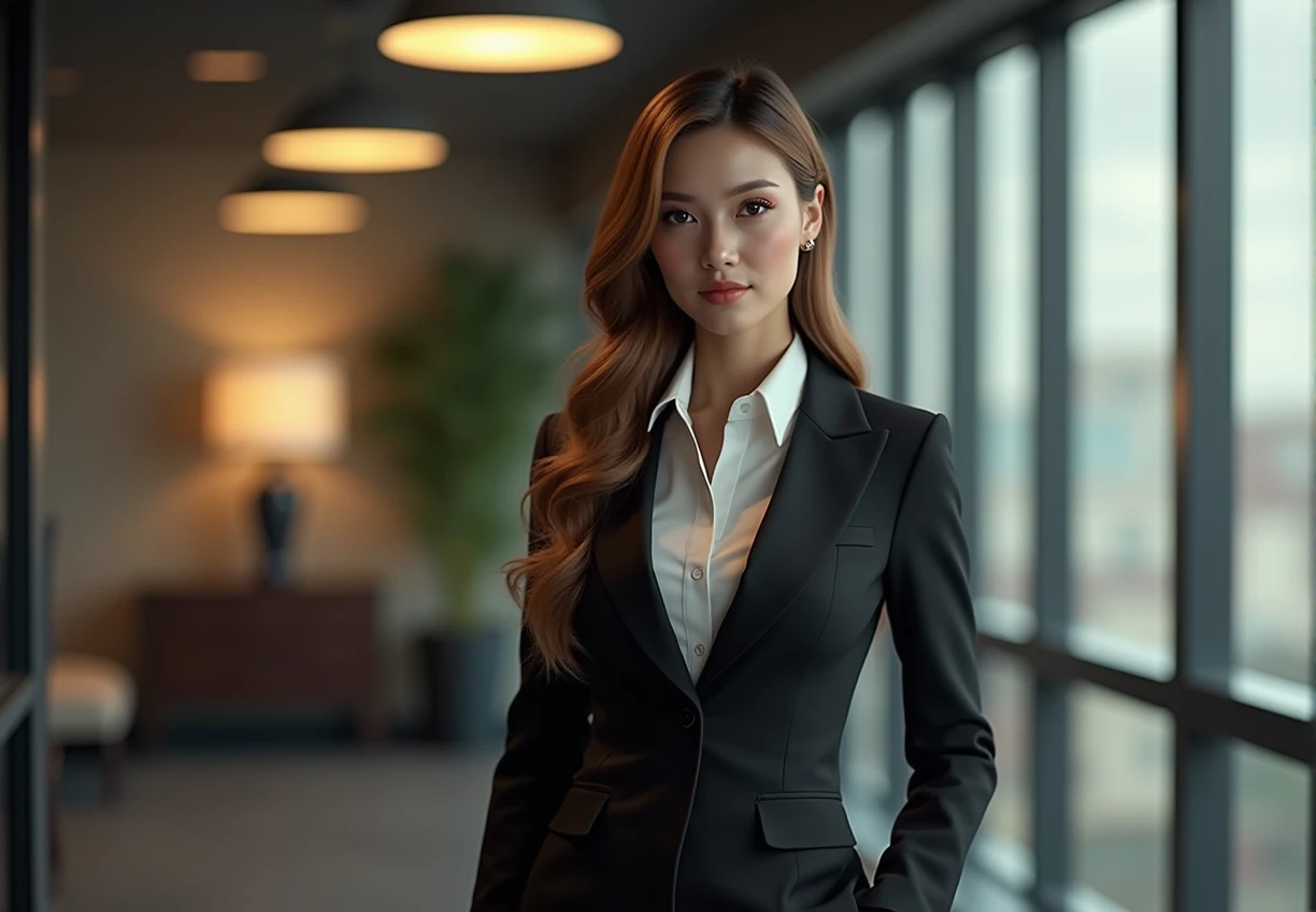 Elegant upper-class elite secretary in a business shirt, Working in the office、Wearing a serious suit, Wear stockings、Wear high-end heels、 Girl in shirt, Wearing a suit, Wearing a suit, Wearing a suit, Female Merchant, Business Clothing, Wearing a black suit, Wear a shirt and skirt, Woman Wearing a Suit, business attire, Business Attire, RAW photos, (8k、Top quality、masterpiece:1.2)、(Intricate details:1.4)、(Photorealistic:1.4)、Octane Rendering、Complex 3D rendering with ultra-details, Studio Soft Light, Rim Light, Vivid details, Super Detail, Realistic skin texture, Detail face, eyes in beautiful detail, Highly detailed CG Unity 16k wallpaper, cosmetic, (Detailed background:1.2), Show your thighs!!!,
