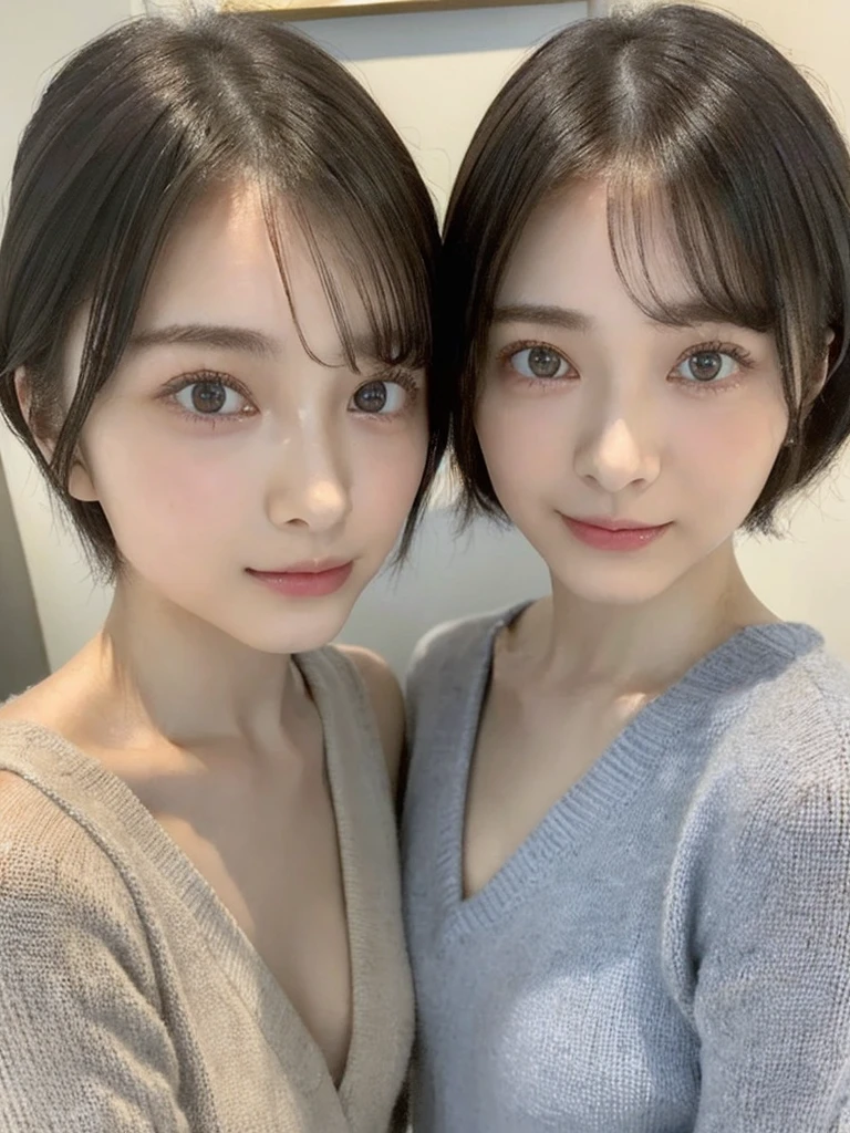 (masterpiece:1.3), (8k, Photoreal, Raw photo, best image quality: 1.4), Japanese high school girl、(random hairstyle:1.2)、cleavage:1.5、super detail face、eye for details、double eyelid、chest to chest、sharp focus:1.2、Beautiful woman:1.4、light brown hair、highest quality、masterpiece、超A high resolution、(Photoreal:1.4)、Highly detailed and professionally lit smiles、loose and light knitwear、shoulder out、thin、serious expression、short haired、deadly position
similar identical twins
All the girls have the exact same face, The two have the same face and figure, as if they were mirror images.