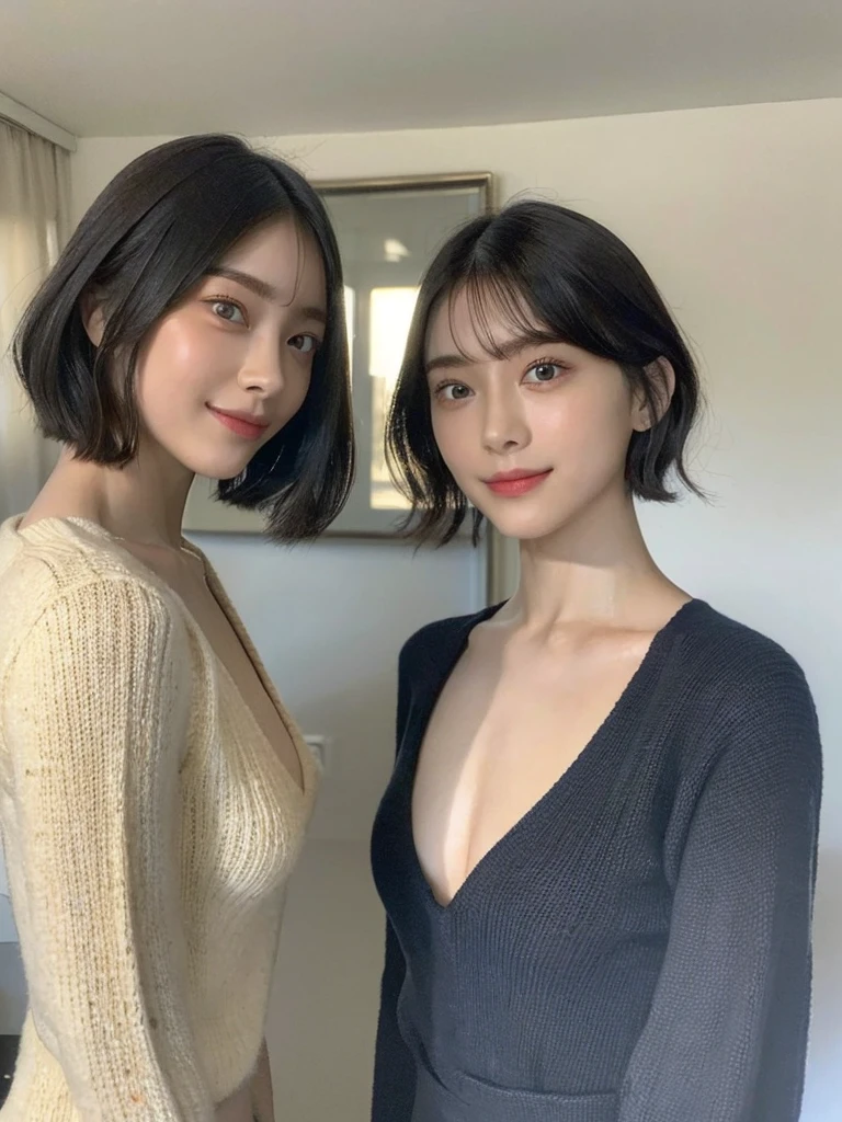 (masterpiece:1.3), (8k, Photoreal, Raw photo, best image quality: 1.4), Japanese high school girl、(random hairstyle:1.2)、cleavage:1.5、super detail face、eye for details、double eyelid、chest to chest、sharp focus:1.2、Beautiful woman:1.4、light brown hair、highest quality、masterpiece、超A high resolution、(Photoreal:1.4)、Highly detailed and professionally lit smiles、loose and light knitwear、shoulder out、thin、serious expression、short haired、deadly position
similar identical twins
All the girls have the exact same face, The two have the same face and figure, as if they were mirror images.