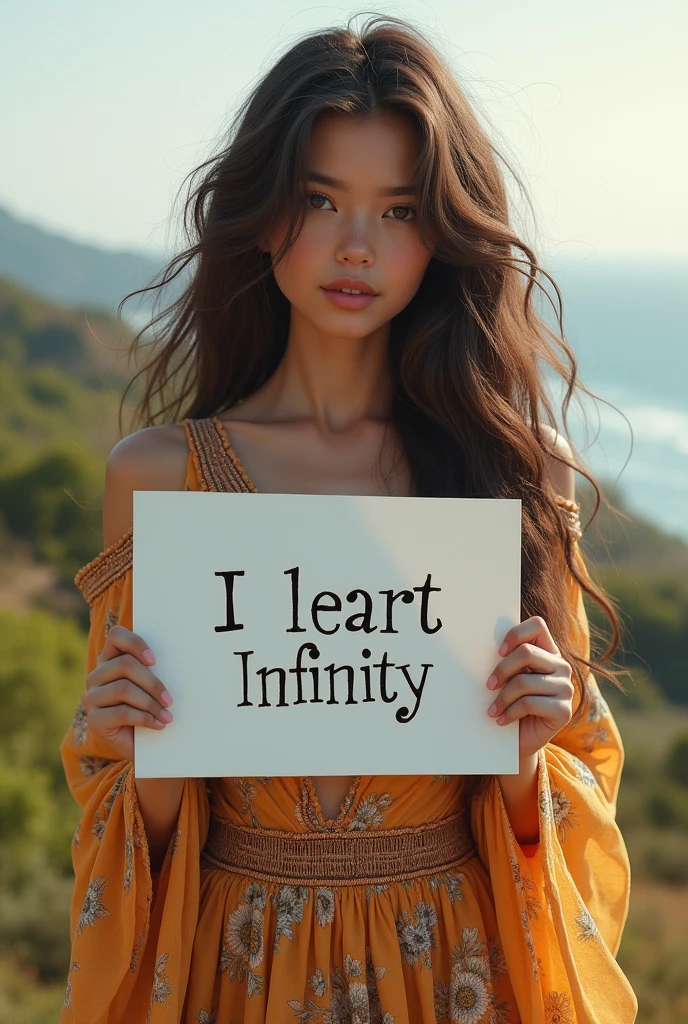 Beautiful girl with wavy long hair, bohemian dress, holding a white board with text "I Love Seaart Infinity" and showing it to the viewer