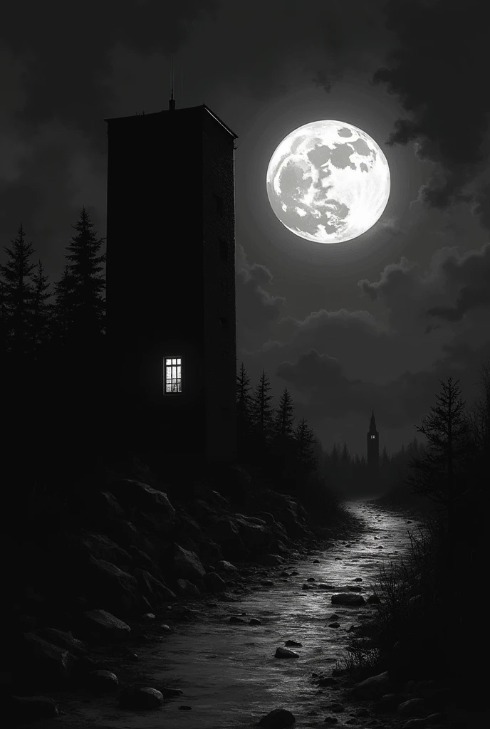 horror building, random background scene, complete darkness background, black and white manga panel, dark tall square building at the right , dark background, full moon at the center