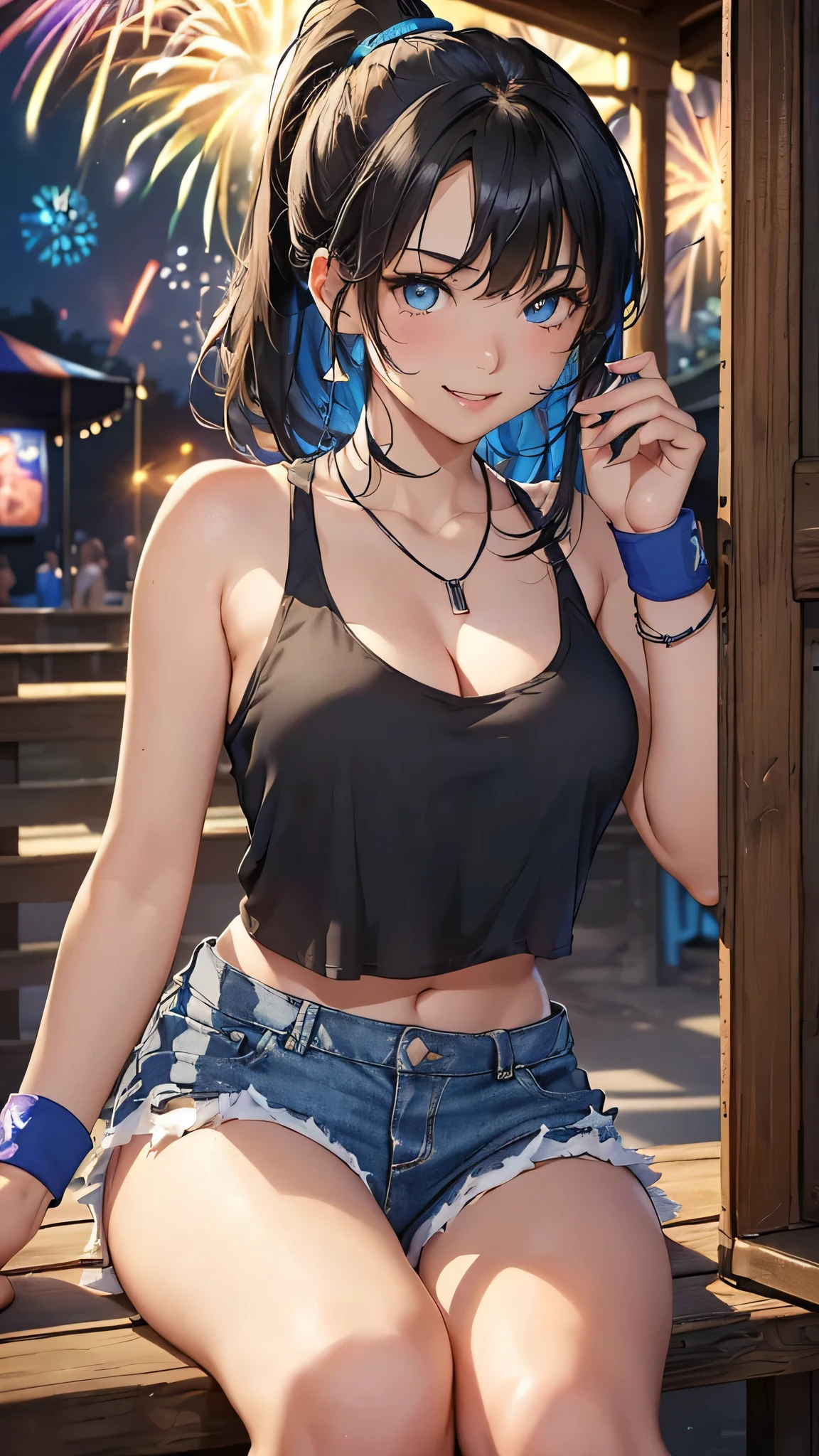 最high quality、Best image quality、masterpiece、With a girl((cute、20-year-old、Best Bust、Medium Bust、Beautiful Blue Eyes、Spread your chest wide,Black Hair、ponytail、Disheveled Hair、thin、Highest Valley、Blue Tank Top、Blue shorts、smile、Beer を持つ、Drunk、necklace、Wristband))high quality、Beautiful art、background((night、festival、stall、Fireworks、Beer )),Tabletop、Exquisite design、Visual Arts、Written boundary depth、Best lighting、Highest detail、8k
