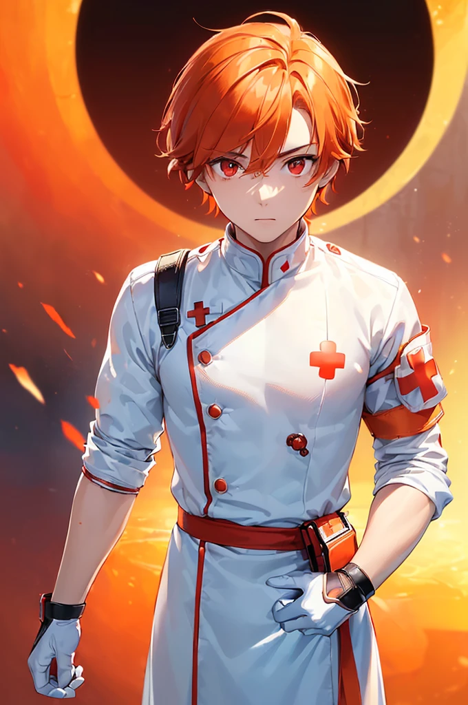 (((masterpiece; best quality: 1.2))), (finely detailed eyes: 1.3), ((1 young man)), ((solo)), (red eyes: 1.4), (body shape; lean, masculine: 1.3), (very short orange hair: 1.3), (beautiful and clear background: 1.2), ((depth of field)), (equipment: white fantasy medic uniform + armband with red cross: 1.3), (anime illustration: 1.2), (background composition; palace gardens + day: 1.1), (extremely fine and handsome: 1.1), (shot composition; standing + centered on face + close-up: 1.5), (facial expression; calm, stoic: 1.2)