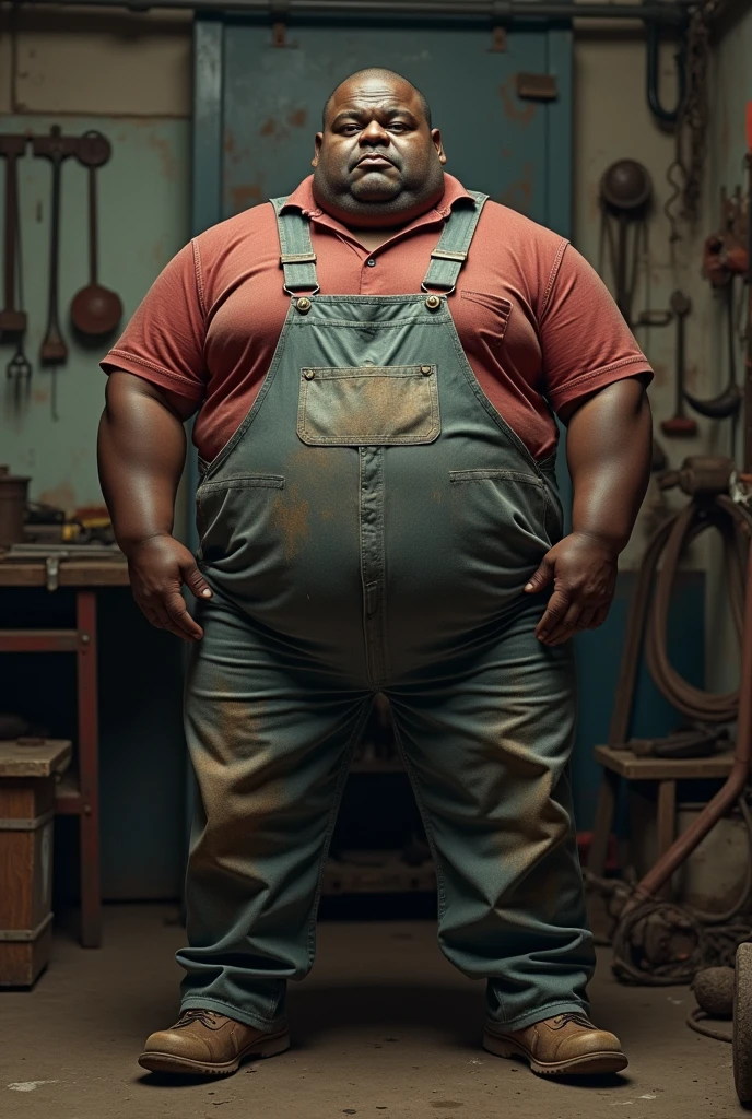 Create a picture of ugly fat gay person, with dark black skin tone, poor class, dressed as a mechanic with his buttocks hanging out