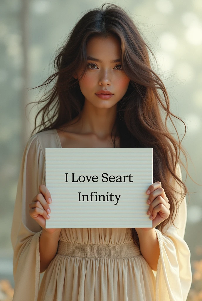 Beautiful girl with wavy long hair, bohemian dress, holding a white board with text "I Love Seaart Infinity" and showing it to the viewer