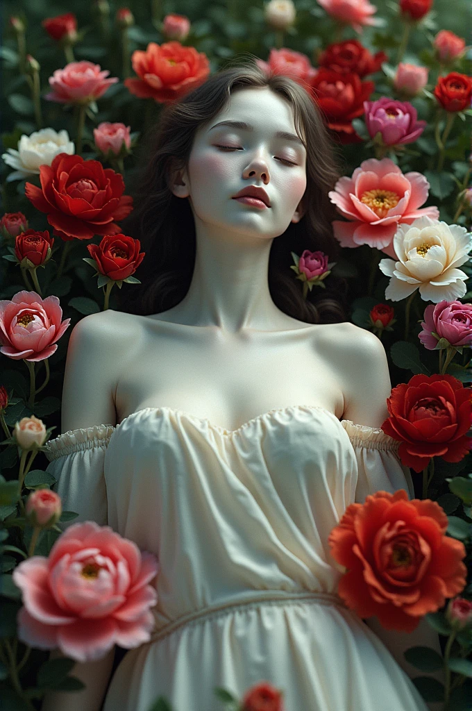 Dead woman surrounded by flowers