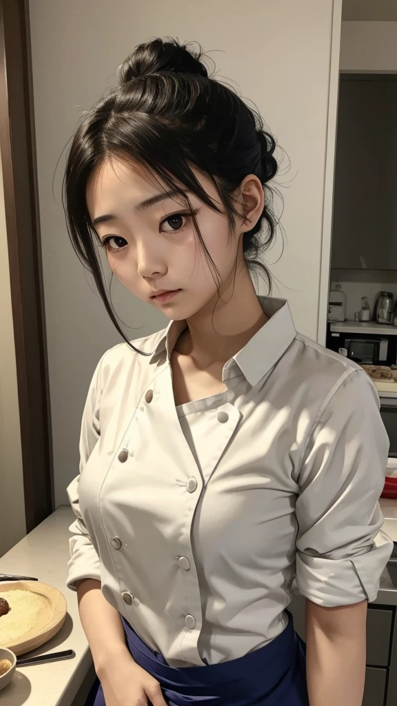 Young Japanese women, chef, hiar tied into a messy bun, sad eyes, tight messy clothes, no bra under her shirt, exhausted, sexy, nsfw