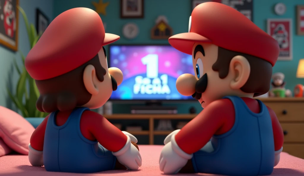 Mario near view is in his room watching a comercial of arcade from label Só 1 Ficha