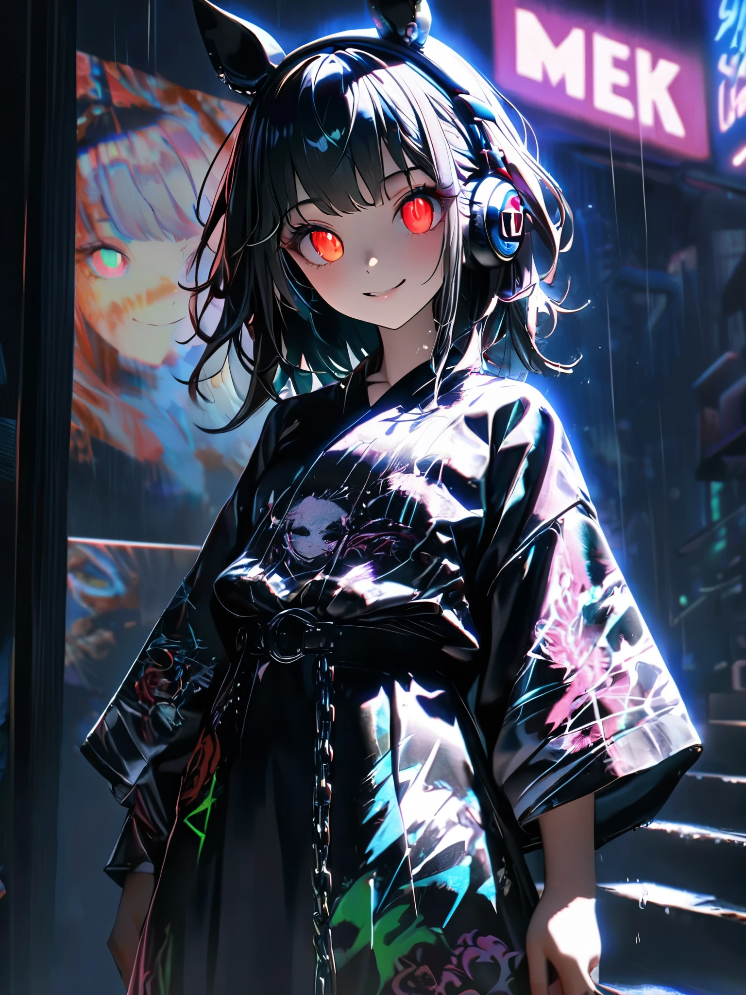 1 girl, chromatic aberration, Written boundary depth, Soft Light, masterpiece, Highest quality, complicated, Tone Mapping, The embankment where fireworks go off, Concept Art, Smooth, Clear focus, Dramatic lighting, Very deしっぽed artwork, movie, super practical painting, アートステーション's trending, 8k, Incredible Shadows, practical, (Very deしっぽed background:1.0), whole body, View, Viewers, Very deしっぽed portrait of one girl 1, standing on street corner, Heavy rain and lightning、Dark Sky, neon and cyber punk background, she is dressed in punk clothing with silver chains and silver spikes, Her hair was dyed a bright black color.,The middle part is black, She wears headphones, Deしっぽed red eyes with clear pupils, Ominous aura of light, smile, punk, ciber punk, Backlight、An announcer who is knowledgeable about horses.Wearing a yukata