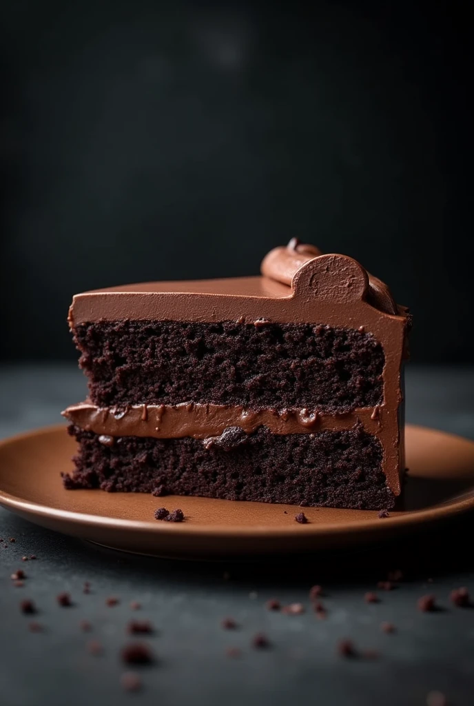cinematic film still chocolate, chocolate cake, dark background, quality photo, moist texture, frosting, studio photo, slice . shallow depth of field, vignette, highly detailed, high budget, bokeh, cinemascope, moody, epic, gorgeous, film grain, grainy