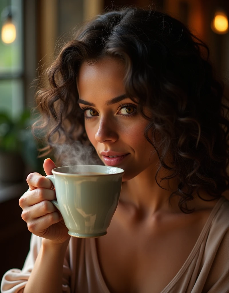 (cinematic) photo scene of 24 yo gorgeous curly hair style woman [Sophia Loren:Maude Adams:0.5], having a cup of hot and steamy coffee, in the early morning. Room ambient lighting, Annie Leibovitz masterpiece portrait style, professional lightroom color grading by Kenneth Hines Jr.