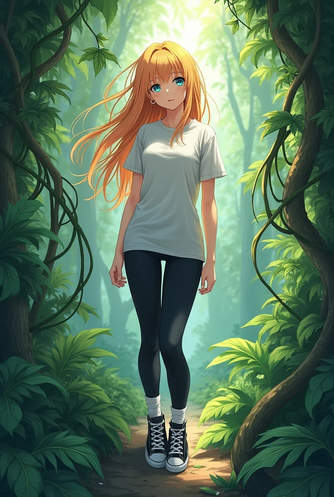 Beautiful anime girl, blonde hair, blue eyes, jungle background, vines coiled around her legs, black high top converse shoes, white socks, black leggings, white shirt, vines.