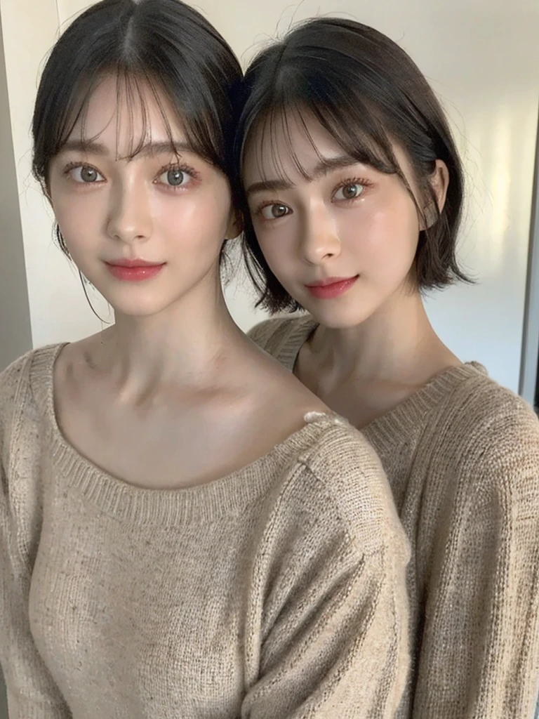 (masterpiece:1.3), (8k, Photoreal, Raw photo, best image quality: 1.4), Japanese high school girl、(random hairstyle:1.2)、cleavage:1.5、super detail face、eye for details、double eyelid、chest to chest、sharp focus:1.2、Beautiful woman:1.4、light brown hair、highest quality、masterpiece、超A high resolution、(Photoreal:1.4)、Highly detailed and professionally lit smiles、loose and light knitwear、shoulder out、thin、serious expression、short haired、deadly position
similar identical twins
All the girls have the exact same face, The two have the same face and figure, as if they were mirror images.