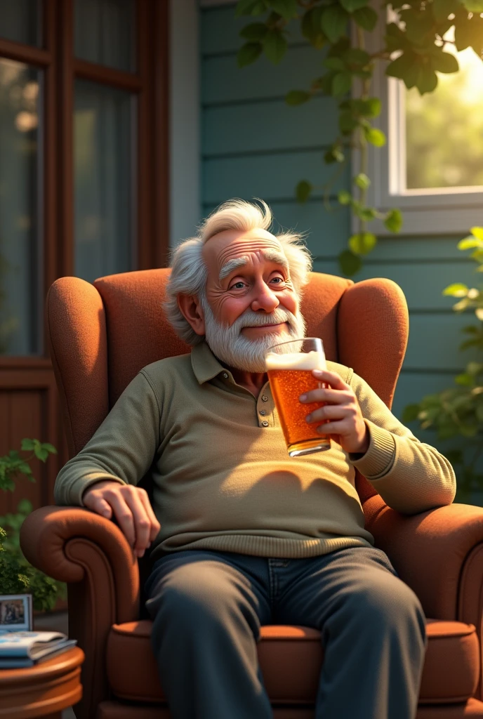 Uncle sits and drinks beer, chilling.