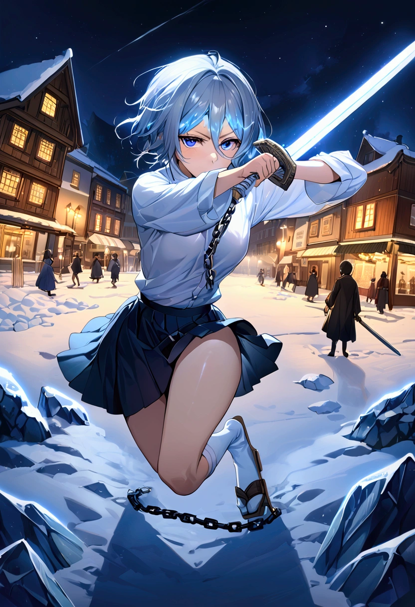 ((Highest quality)),((Very detailed)),((Holding two swords,Pale-white shining sword,Two-Way,The swords are connected by a chain)), ((Town square at night,)), ((Blue mesh on hair)),masterpiece, Detailed face,Beautiful Face, Top view, (Fighting), ((ice,snow)),(Long-legged white shirt,Short black skirt,White socks,geta)One girl,((Blue Eyes,Dynamic pose,A slightly fluffy shirt)) , Rukia, Gray Hair, short hair, Hair between the eyes, Purple eyes, Small breasts,cold
