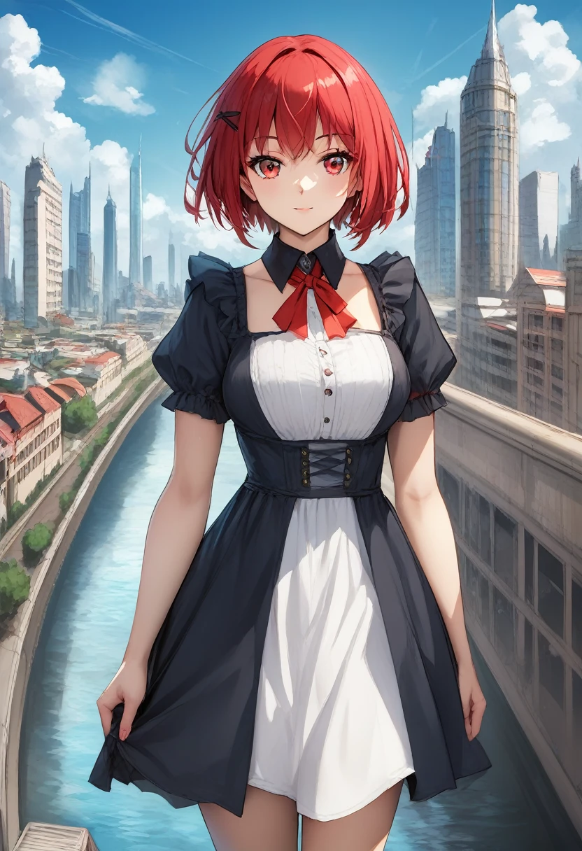 score_9, zPDXL2, 1girl, bangs, black_hair, beautiful 8k eyes, blue_sky, bridge, building, castle, city, cityscape, cloud, day, dress, looking_at_viewer, outdoors, red_neckwear, red_ribbon, ribbon, river, short_hair, short_sleeves, sky, skyscraper, solo, standing, town, water