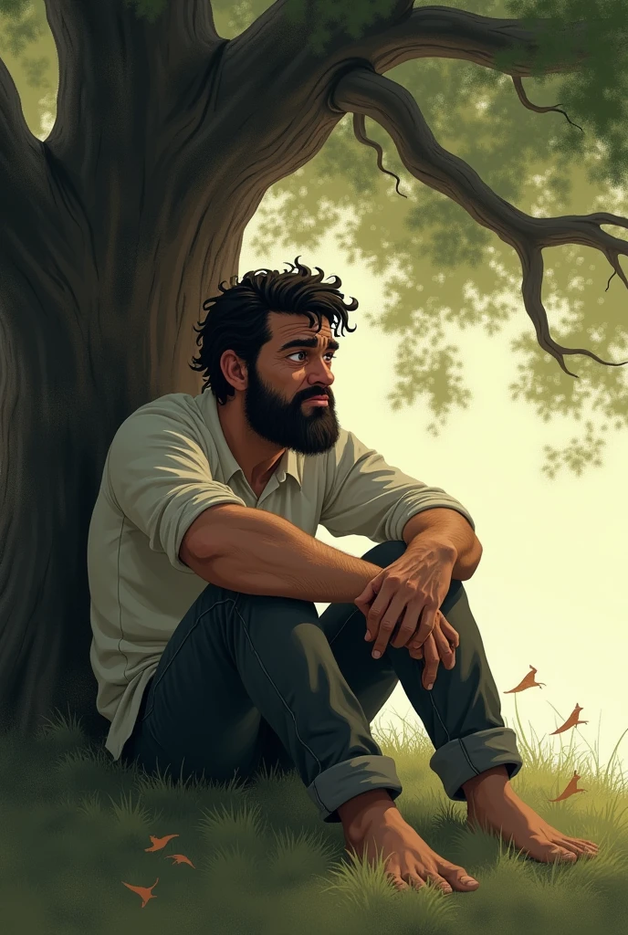 A distressed man sitting under a tree.  Let the image be a little animated 