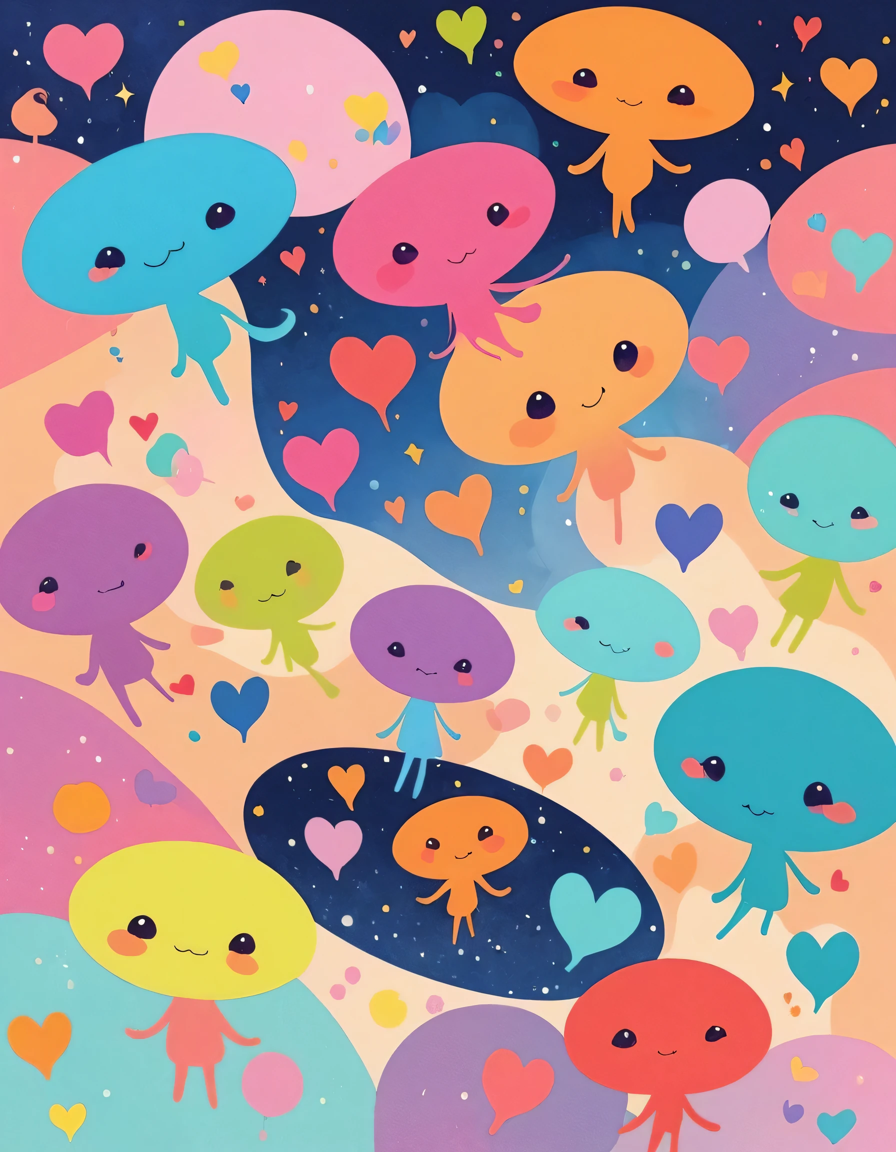 Micho colorful style, Simple Line Initialism,Abstract art, girls, colorful hearts, funny design, (((Cute Aliens))), The background is space