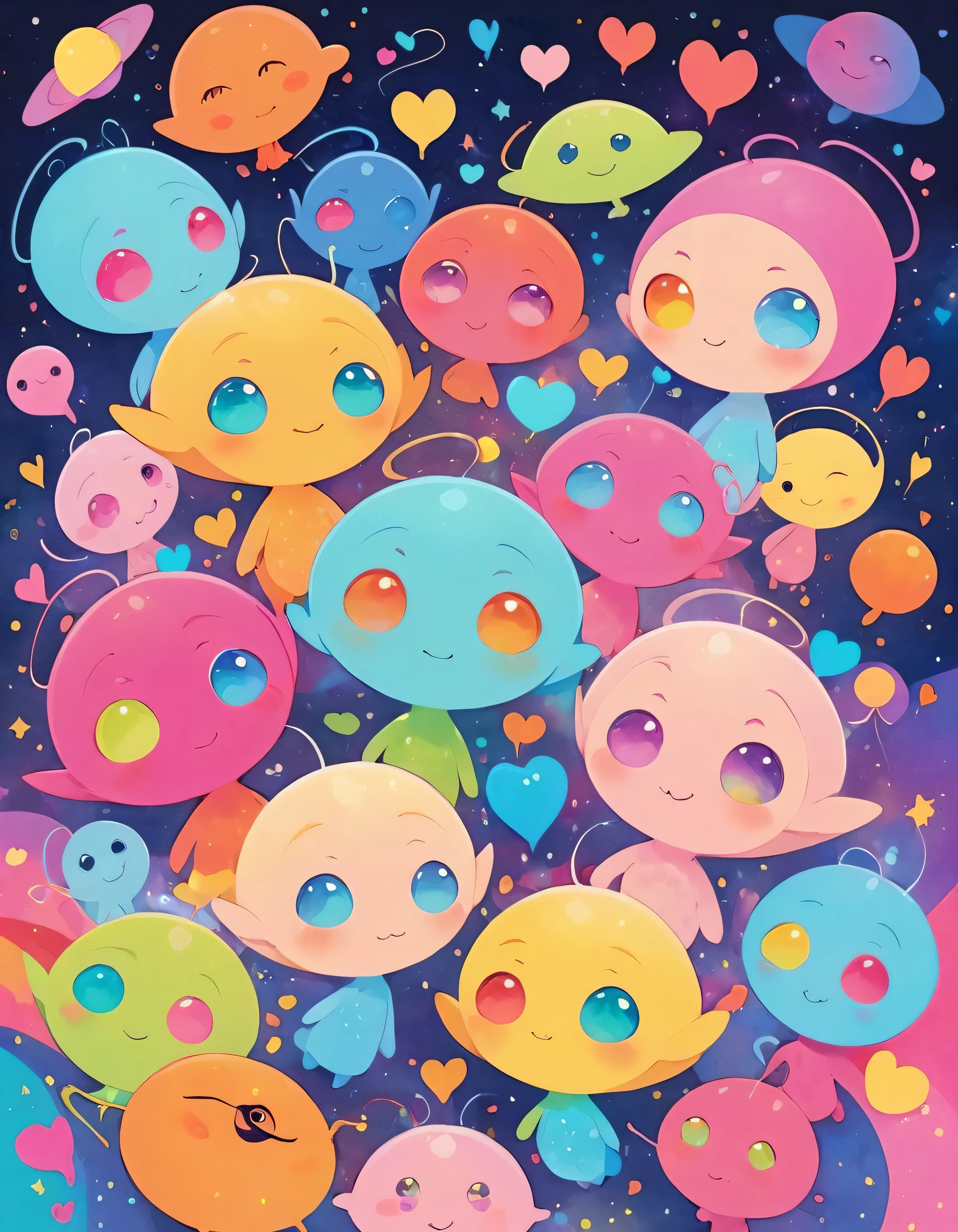 Micho colorful style, Simple Line Initialism,Abstract art, girls, colorful hearts, funny design, (((Cute Aliens))), The background is space