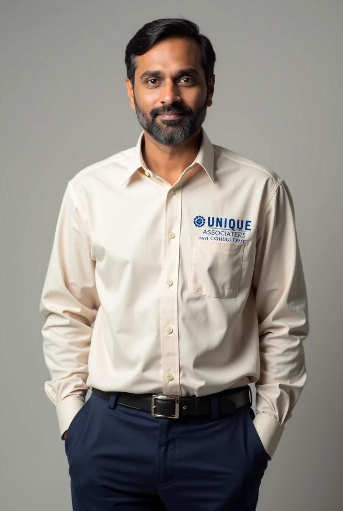 A indian man in light sandal colour shirt and dark navy blue colour pant with left side Unique Associates and Consultant logo navy blue colour, looking formal and professional