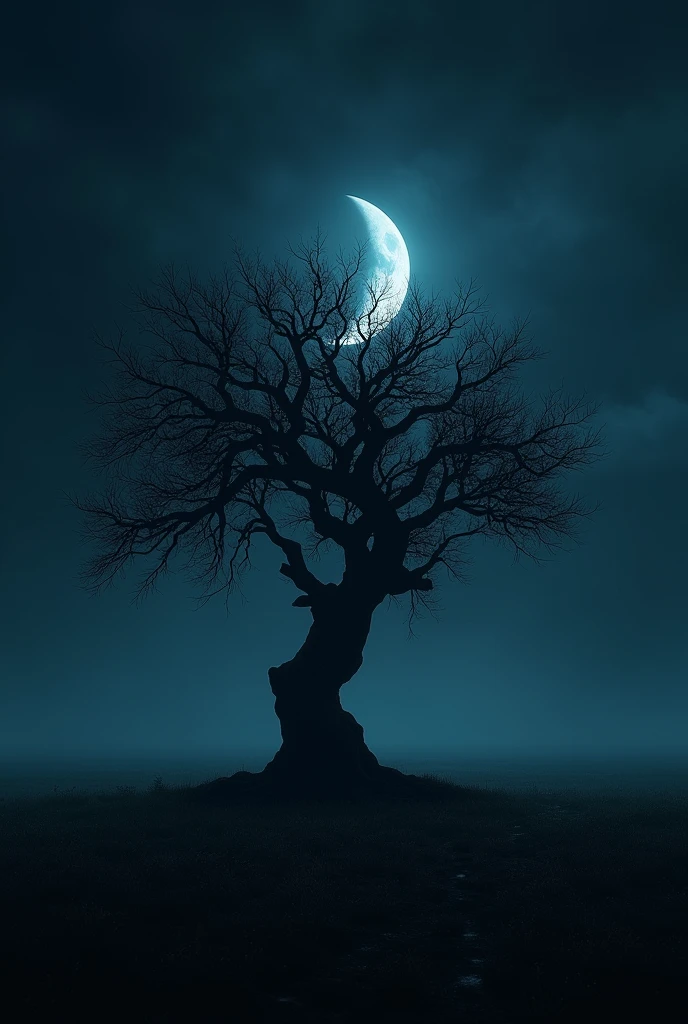 A picture with : half moon , dark weather night , no clouds , a big ground with a tree good resolution photo