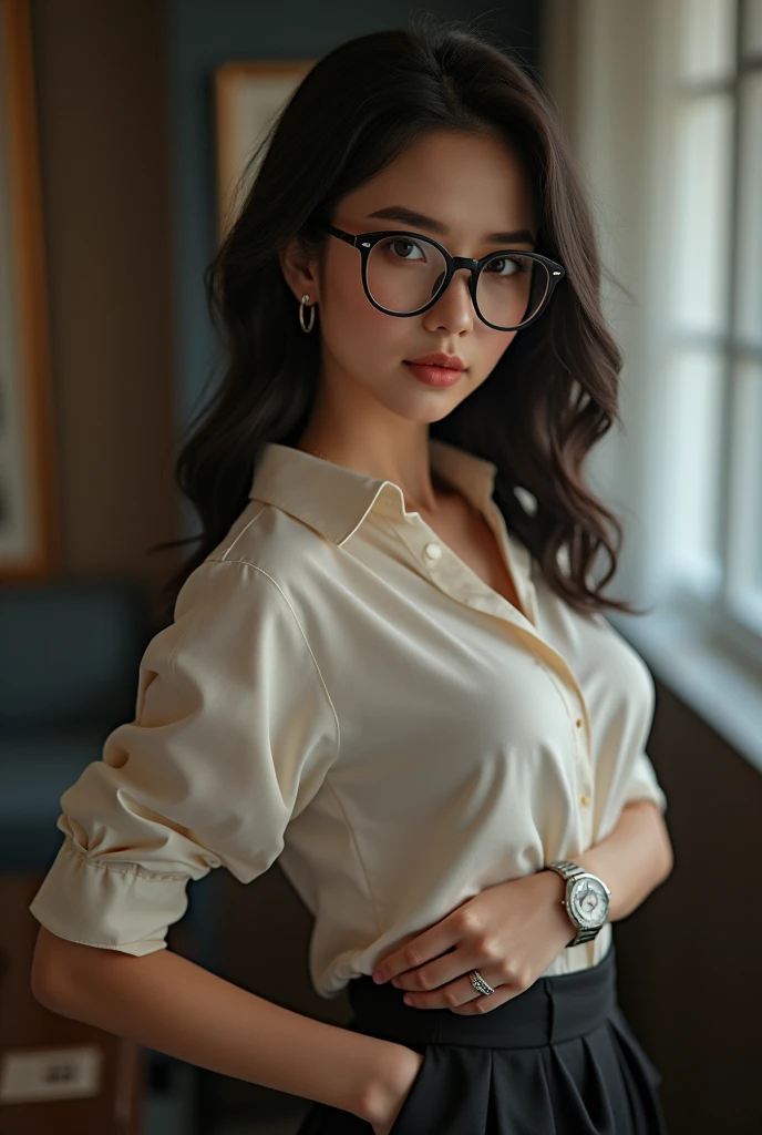 Beautiful, 5'5 height 27 ages girl with sharp black eyes, semi curly hairs, black specs , curvy body, pink lips, mole on right cheek, sharp features, oval shaped face, big boobs and big ass , wears skirt and shirt formal wear, silver ring earrings, ring in left middle and bracelet with watch in left hand. Fair wheatish skin tone