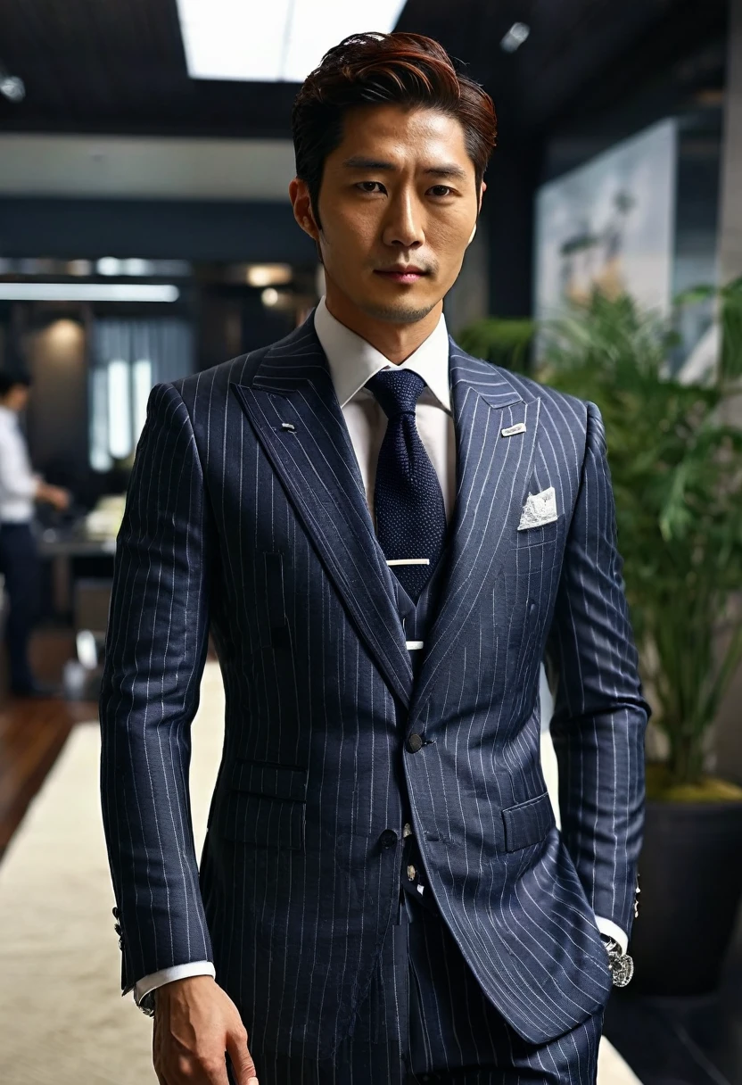 A fresh and handsome 30-year-old new employee、（A super handsome man wearing an S-class suit）、Japanese male, 30 years old、　merchant、　Ultra-luxury suits、　Striped suit、　office、　S-class young handsome man standing in suit、（The photo is real）、（（Highest quality））、Very detailed、　（masterpiece）、　super high quality、　expensive、　gentleman、（masterpiece）、　super high quality、　expensive、　gentleman、0Very beautiful hair、　Bright photo、　Handsome like a model、　Handsome like an idol、　Luxury Watches.