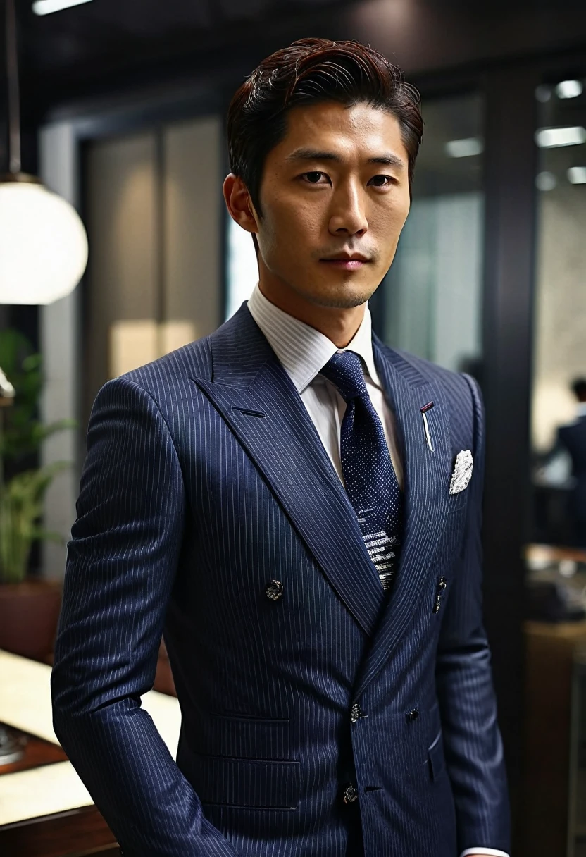 A fresh and handsome 30-year-old new employee、(A super handsome man wearing an S-class suit)、Japanese male, 30 years old、 merchant、 Ultra-luxury suits、 Striped suit、 office、 S-class young handsome man standing in suit、(The photo is real)、((Highest quality))、Very detailed、 (masterpiece)、 super high quality、 expensive、 gentleman、(masterpiece)、 super high quality、 expensive、 gentleman、0Very beautiful hair、 Bright photo、 Handsome like a model、 Handsome like an idol、 Luxury Watches.