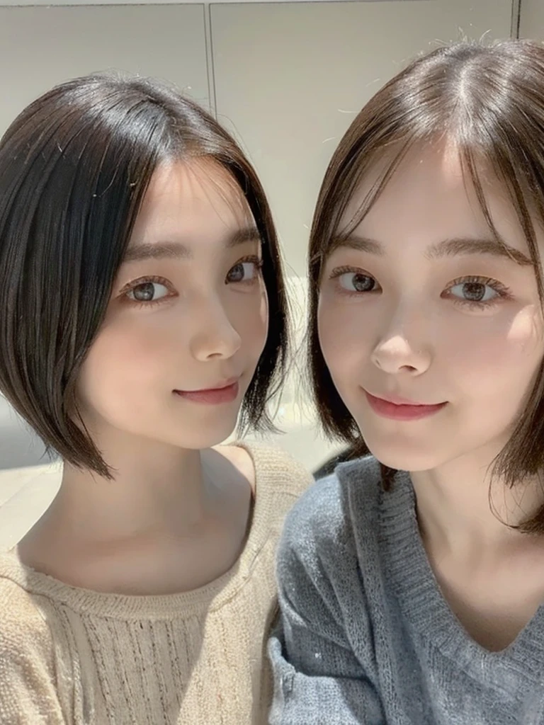 (masterpiece:1.3), (8k, Photoreal, Raw photo, best image quality: 1.4), Japanese high school girl、(random hairstyle:1.2)、cleavage:1.5、super detail face、eye for details、double eyelid、chest to chest、sharp focus:1.2、Beautiful woman:1.4、light brown hair、highest quality、masterpiece、超A high resolution、(Photoreal:1.4)、Highly detailed and professionally lit smiles、loose and light knitwear、shoulder out、thin、serious expression、short haired、deadly position
similar identical twins
All the girls have the exact same face, The two have the same face and figure, as if they were mirror images.