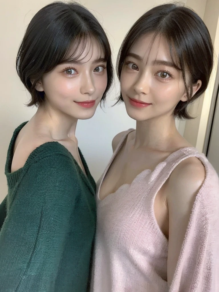 (masterpiece:1.3), (8k, Photoreal, Raw photo, best image quality: 1.4), Japanese high school girl、(random hairstyle:1.2)、cleavage:1.5、super detail face、eye for details、double eyelid、chest to chest、sharp focus:1.2、Beautiful woman:1.4、light brown hair、highest quality、masterpiece、超A high resolution、(Photoreal:1.4)、Highly detailed and professionally lit smiles、loose and light knitwear、shoulder out、thin、serious expression、short haired、deadly position
similar identical twins
All the girls have the exact same face, The two have the same face and figure, as if they were mirror images.