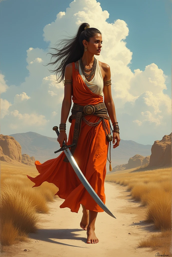 Women, walking on a road, pony hairstyle, full body picture, ancient women, Sword, 2d art, painting, indian women, ankita