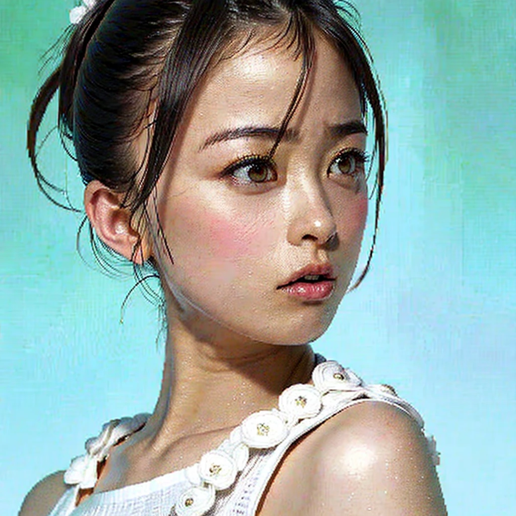 High resolution, Anatomically correct, Highest quality, High-resolution model, ponytail, chest, Blushing, Open your mouth a little, Simple Background, Headband,