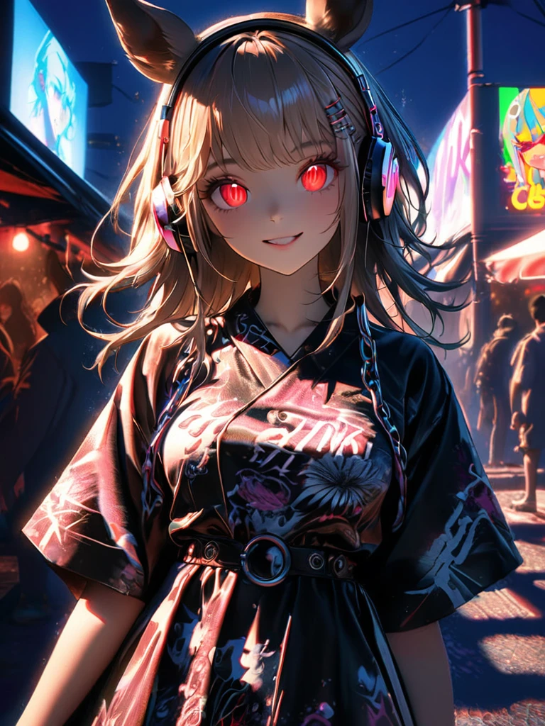 1 girl, chromatic aberration, Written boundary depth, Soft Light, masterpiece, Highest quality, complicated, Tone Mapping, Very deしっぽed, A bank where fireworks are set off at a festival, Concept Art, Smooth, Clear focus, Dramatic lighting, Very Movie, super practical painting, アートステーション's trending, 8k, Incredible Shadows, practical, (Very deしっぽed background:1.0), whole body, View, Viewers, Portrait of a Girl 1, standing on street corner, Heavy rain and lightning、Dark Sky, neon and cyber punk background, she is dressed in punk clothing with silver chains and silver spikes, Her hair was dyed light brown.......,The middle part is black, She is wearing headphones, Deしっぽed red eyes with clear pupils, Ominous aura of light, smile, punk, ciber punk, Backlight.Fashionable clothes、Horse-friendly dress code: yukata.No horse ears.My breasts are a little large