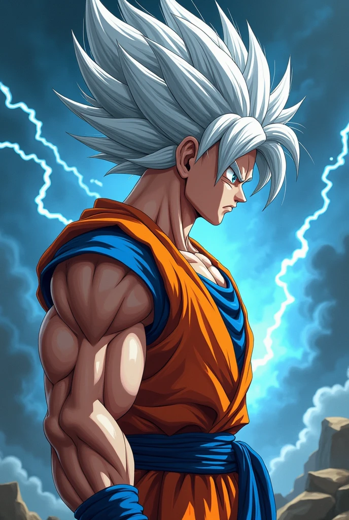 Goku sideview with max white hair and bigger bicepswith thunder storm background