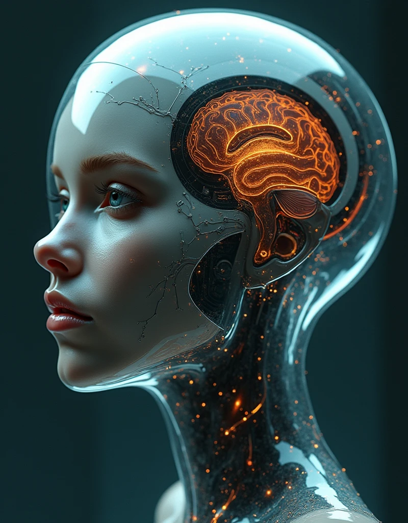 cinematic photo shoot of cybernetic artificial brain encased in a clear skull head of a beautiful alluring female alien species [Maude Adams:Margot Robbie:0.5], highly detailed, intricate, digital painting, artstation, concept art, smooth, sharp focus, hyper photorealistic illustration, art by Don Lawrence and Frank Bellamy and alphonse mucha, 32k,