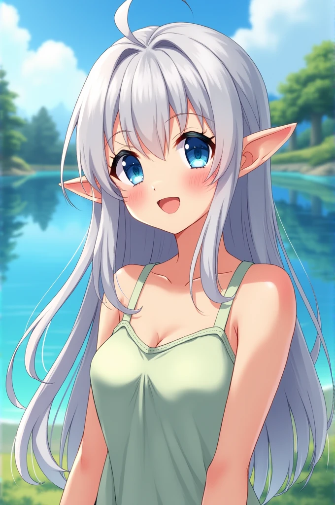 Create a high-resolution, upper-body image of a cute anime girl with blue eyes and long, flowing gray hair. She has tanned skin and is an elf with delicately pointed ears. She is smiling warmly and looking directly at the viewer, giving a friendly and inviting expression. She is wearing a light, pastel-colored camisole that complements her complexion. Her hair cascades gracefully around her shoulders, with a few loose strands framing her face. The background should depict a sunny lakeside scene with clear blue skies, a sparkling lake, and lush greenery. Ensure the background is detailed yet softly blurred to keep the focus on the character. The style should be kawaii and highly detailed, capturing the charming and whimsical essence of anime art. Ensure the image is high quality and high resolution, with careful attention to the character’s features and expression.Swimwear bikini