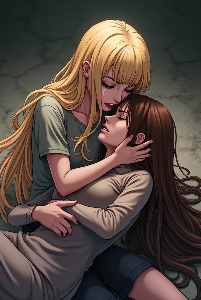 A blonde woman holding another woman unconscious  with brown hair, on the ground in a protective manner, crying, with a dramatic tone, holding her closely against her chest. Create images in various drawing styles, anime and comic