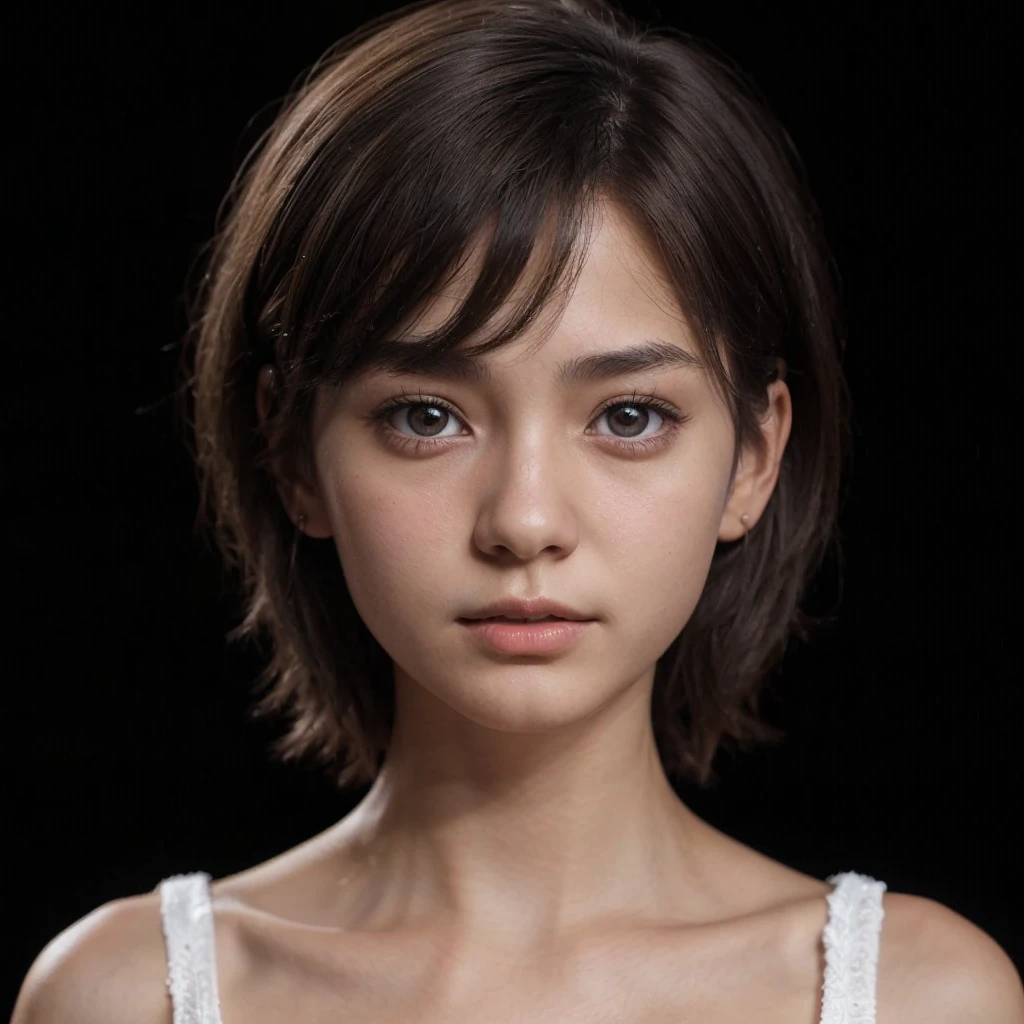 realistic, 14 year old female, nationality: sweden-japanese, brown-grey eyes, dark brown short hair, pale