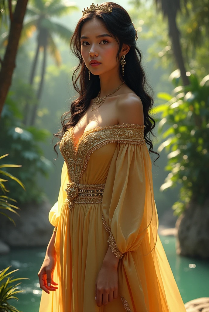 A young, beautiful, brown woman, a princess in the old times in the Philippines