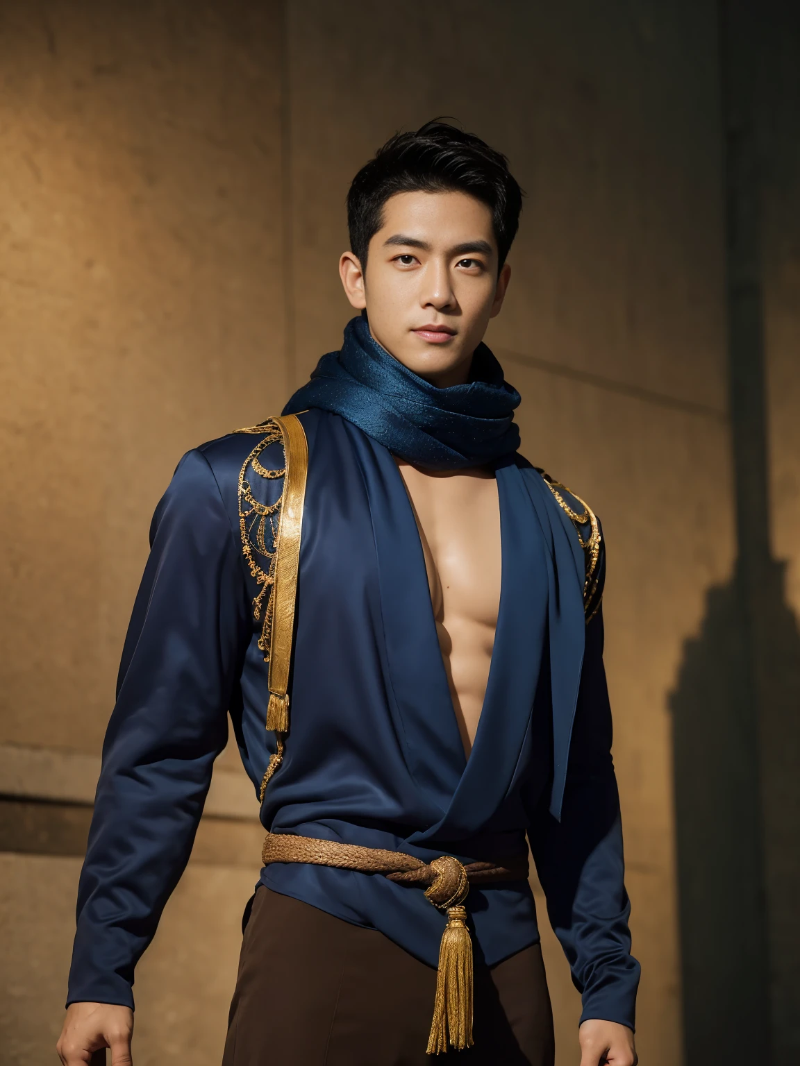 top-quality、​masterpiece、超A high resolution、(realisitic:1.4)、Detailed face、solo、１human male、The upper part of the body、Dark hair、glistning skin、dense skin、(asian human)、architectural、(absurderes、hight resolution、ultra-detailliert)、、1 male、Adults、(a 25-year-old man)、a handsome、tall muscular man、broad shoulder、extra very short hair、angular jaws、thick neck、thick eyebrow、extra very short hair、A dark-haired、fine eyes and detailed face、 Highly detailed CG Unity 8K wallpapers、intricate-detail、(Style Swirl Magic:0.7)、looking at the spectator、solo、(full body Esbian:0.6)、Detailed background、A detailed face、dynamicposes、、dynamic compositions、 big muscle、、((((bulge))))、a handsome、 ((masutepiece:1.4, Best Quality)), ((masutepiece, Best Quality)), (photographrealistic:1.4)、(((Sorcerer)))、grin, Surfing,、a smirk、Sunny and cloudy sky、(Complex blue long sleeve enchantment costume), scarf, the costume is too much revealing the tskin and thighs, fantasy Library Background:1.2), Photorealistic、cana、magic circles , bare thighs